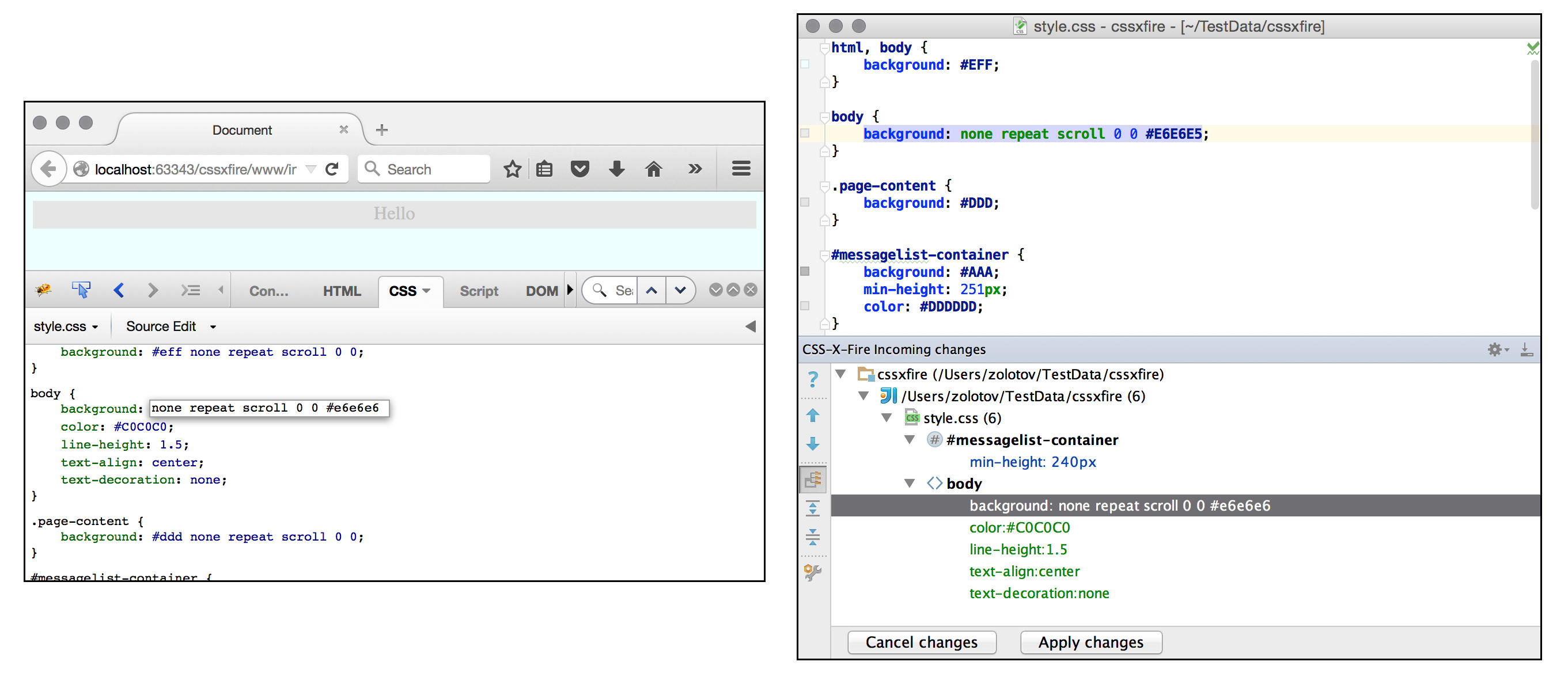 CSS-X-Fire: inspector on the left, WebStorm on the right
